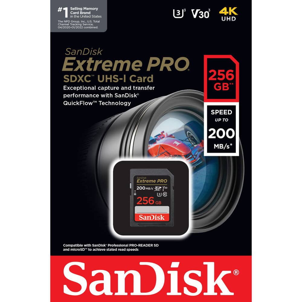 SanDisk Extreme PRO SDXC 200MB sec UHSI U3 V30 256GB memory card